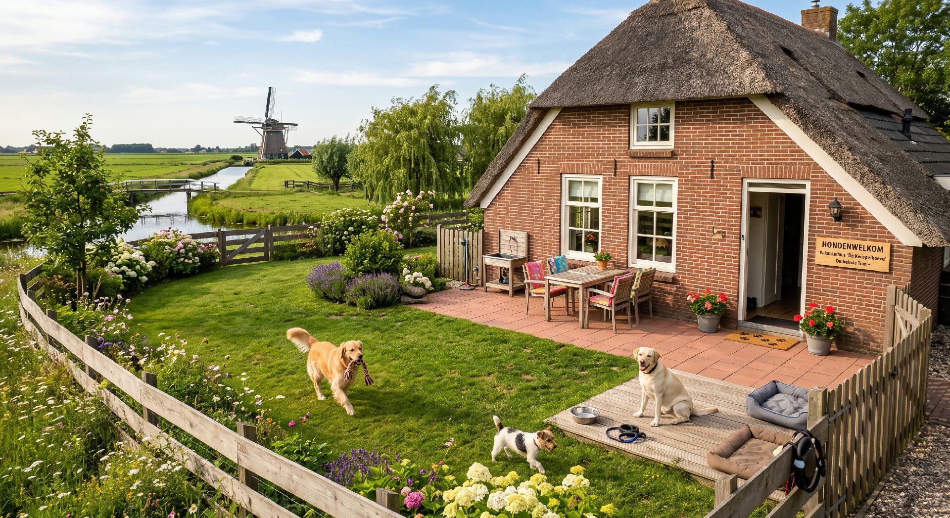 Hunde im Garten spielen - Idyllische Hundefreizeit Drei Hunde spielen zusammen auf einem großen grünen Rasen neben einem Backsteinhaus mit Terrasse